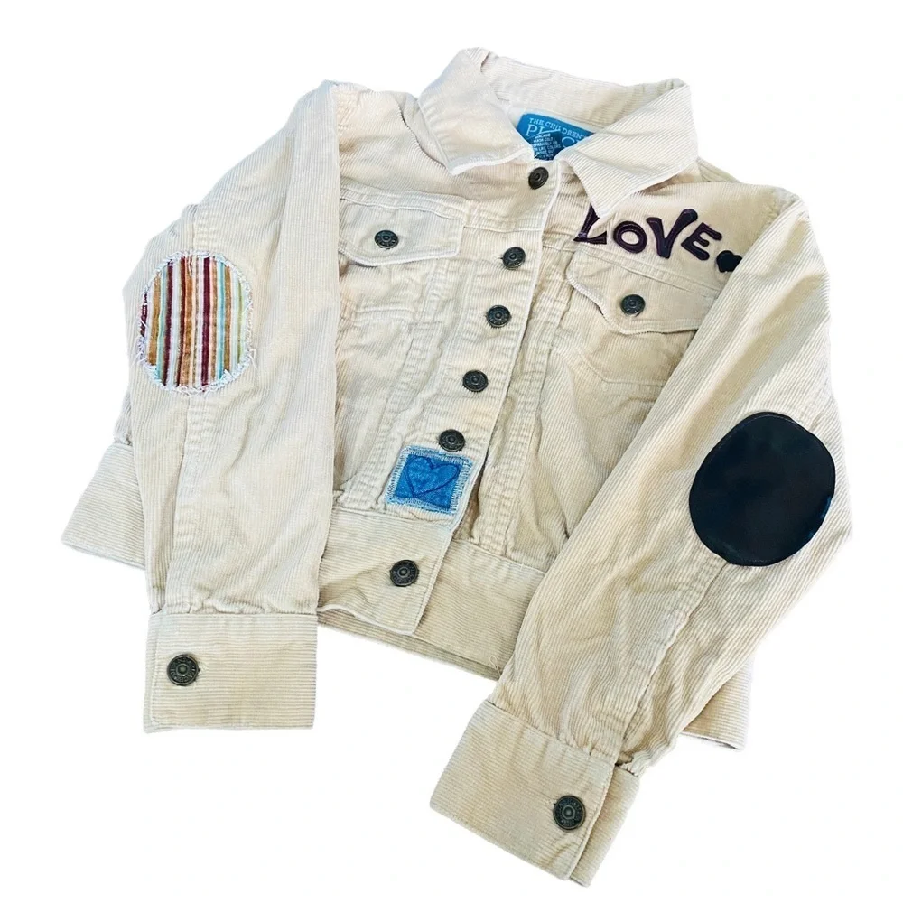 The Children's Place Beige Corduroy Jacket Love Hippie Embroidered Sz M